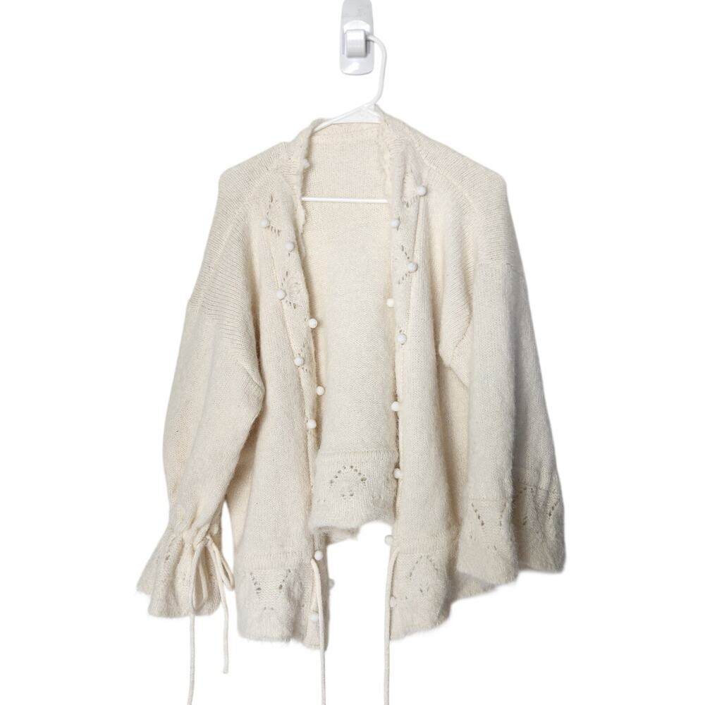 Unbranded White Knit Long Sleeve Open Front Pompoms Tunic Cardigan Sweater Large